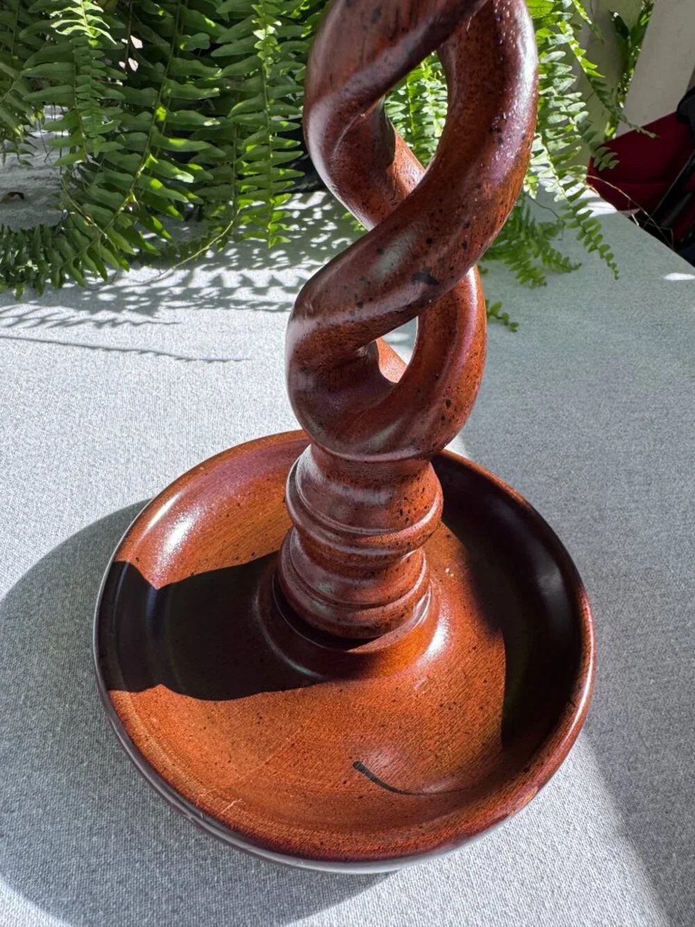 Vintage 15 Inch Wooden Open Barley Twist Candlestick Holder with Brass Sconce